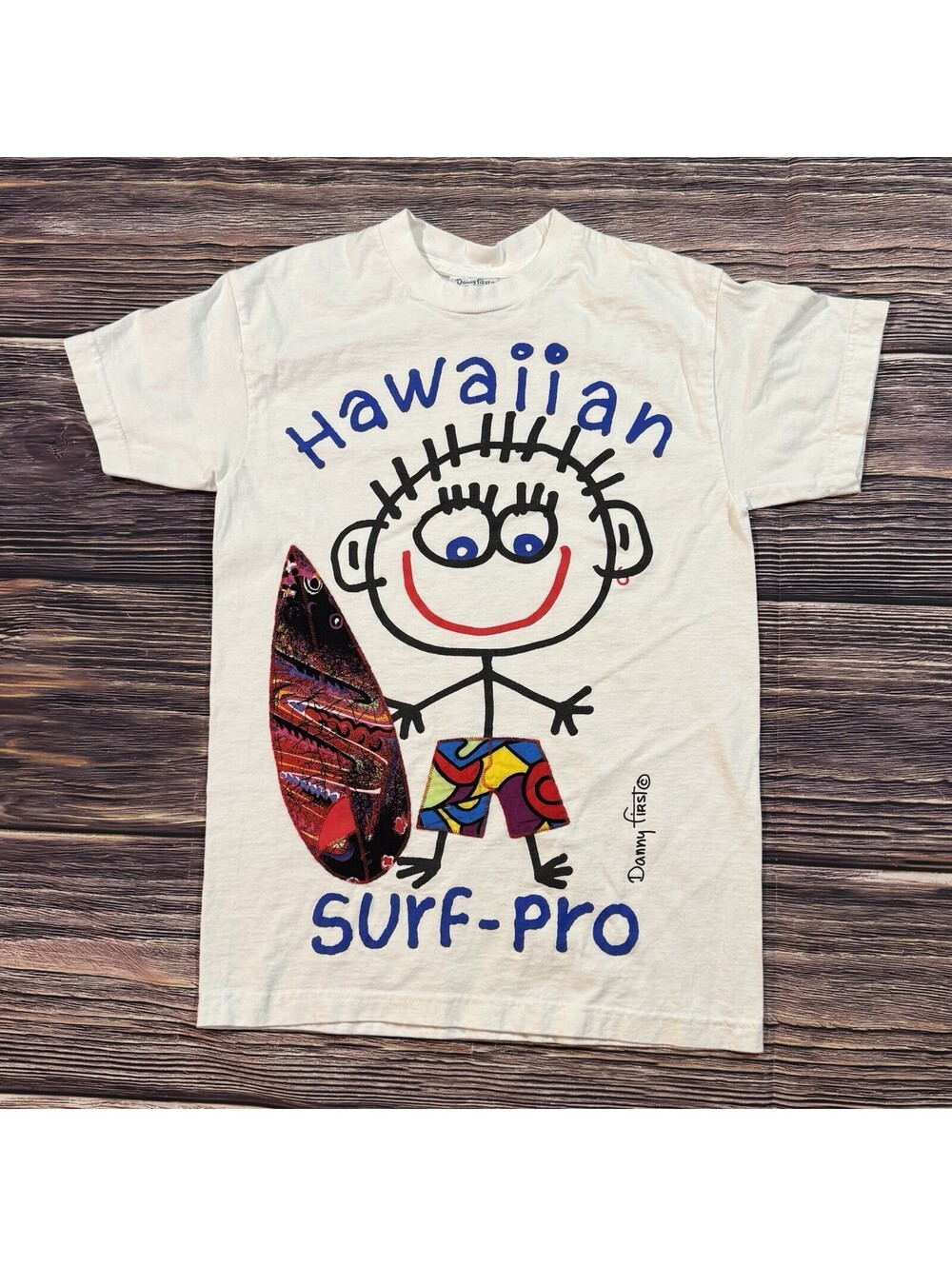 Vintage 90s Danny First Hawaiian Surf-Pro Fabric Applique Tee Made USA Sm